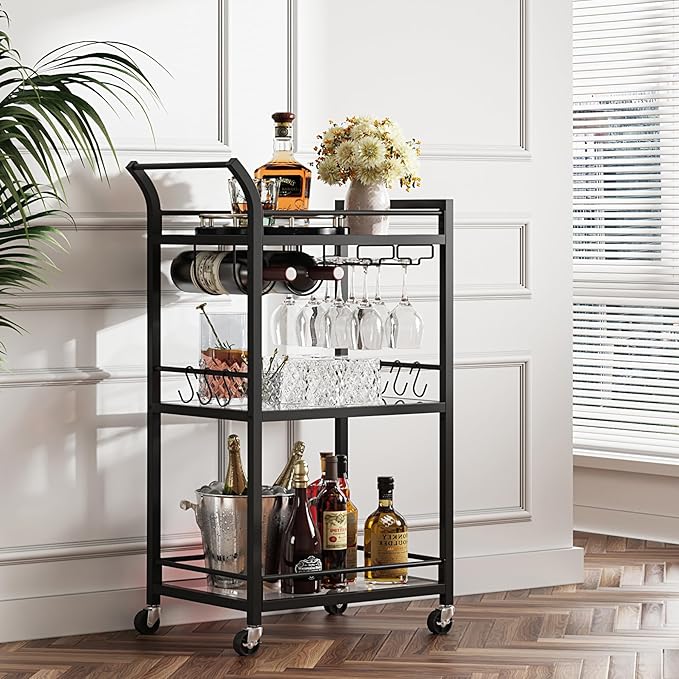 TUTOTAK Bar Cart, Home Bar Serving Cart with 3-Tier Mirrored Shelf, Mobile Kitchen Shelf, Rolling Beverage Cart, Black BC01BK034