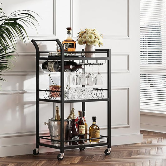 TUTOTAK Bar Cart, Home Bar Serving Cart with 3-Tier Mirrored Shelf, Mobile Kitchen Shelf, Rolling Beverage Cart, Black BC01BK034