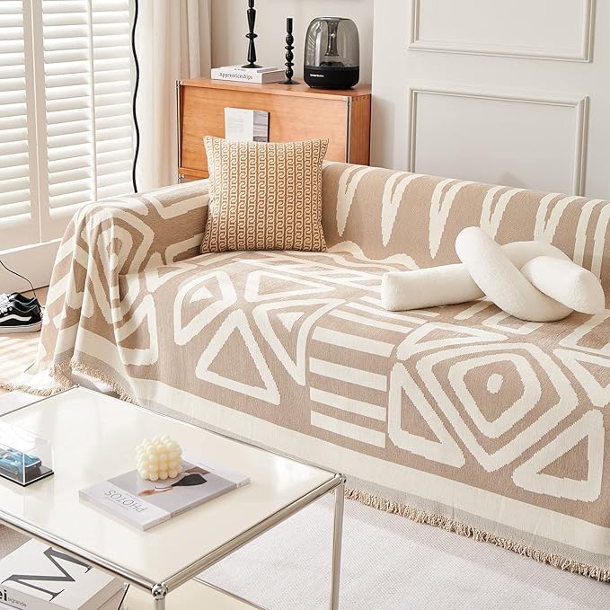 VM VOUGEMARKET Sectional Couch Cover for 3 Cushion Geometric Pattern Chenille Sofa Cover Dog Proof Universal Sofa Slipcover L Shaped Sofa Furniture Protector with Tassels-71 x 134,Khaki