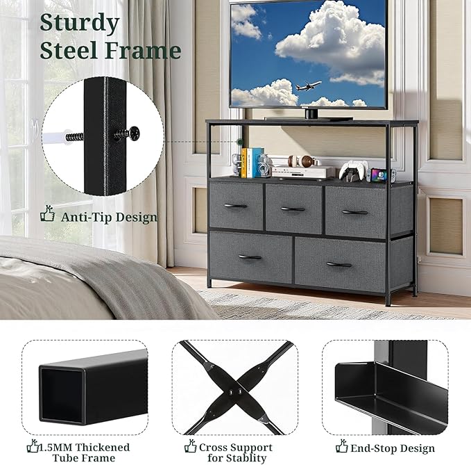 TV Stand, 5 Fabric Drawers Dresser Entertainment Center for TV up to 45 inch Wooden Media Console Table Storage Organizer with Open Shelf, for Living Room, Bedroom, or Small Space, Gray