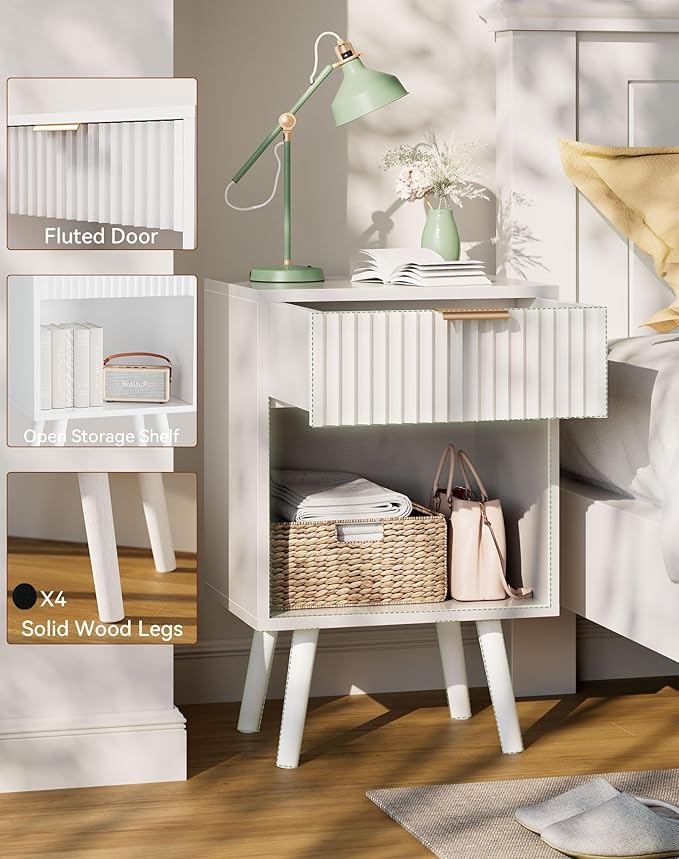 YMYNY Mid Century Modern Nightstand, Side Table, Fluted Night Stand with Drawer, Open Shelf Unit, Golden Handle, Solid Wood Legs, Bedside Table, for Bedroom, White UHST013W
