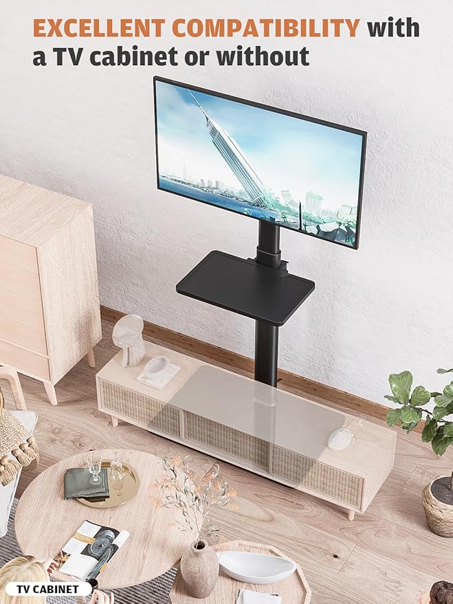 Universal Floor TV Stand with Mount for 19 to 43 inch Flat Screen TV, 100 Degree Swivel,Adjustable Height and Tilt Function, 2 Shelves Space Saving Standing TV Mount for Bedroom Living Room Corner