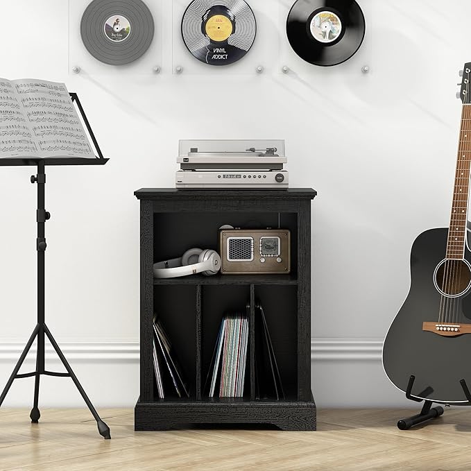 Farmhouse Record Player Stand, 3 Tier Turntable Stand with Vinyl Record Storage ,Wood Record Holder Cabinet Dispaly Shelf for Living Room,Bedroom,Office,Black