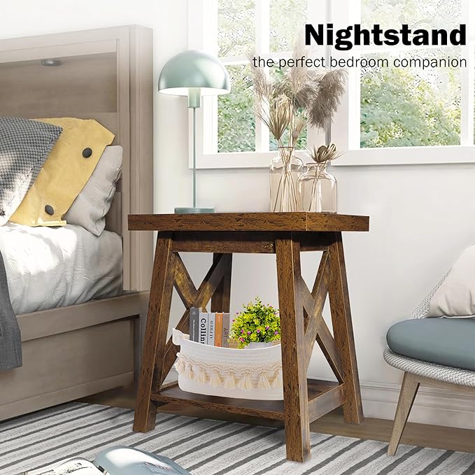 Rustic End Table, Farmhouse Side Table with Storage Shelf, Wood Side Table for Living Room, Accent Table for Small Spaces, Brown