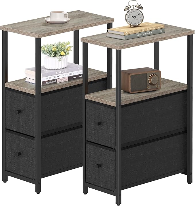 TUTOTAK Small Narrow End Table, Set of 2, Side Table, Nightstand with 2 Cloth Drawers, Couch Table, for Living Room, Bedroom, Bedside, Greige TB01BG054