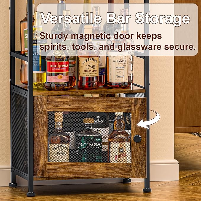 Tiered Liquor Stand with Bar Cabinet for Home, Large-Capacity Wine Rack Freestanding Floor, Stepped Display Shelf Featuring Mesh Door Holds Whiskey & Syrup Bottles, Corner Storage Ideal in living room