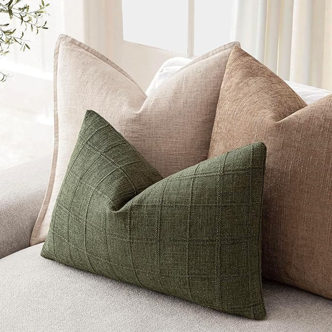 Foindtower Set of 2 Decorative Linen Check Throw Pillow Covers Neutral Farmhouse Lumbar Cushion Covers Modern Boho Home Decor for Sofa Chair Couch Bedroom Living Room Outdoor,12×20 Inch,Olive Green