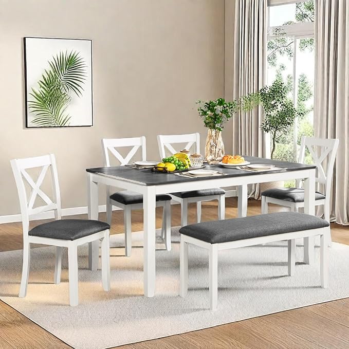 Dining Table Set for 5, 6-Piece Kitchen Table & Chairs Set with Rectangular Table, Bench & 4 Upholstered Chairs, 58.5'' Dinner Set with Wood Legs & X-Shaped Backrest for Kitchen, White&Gray