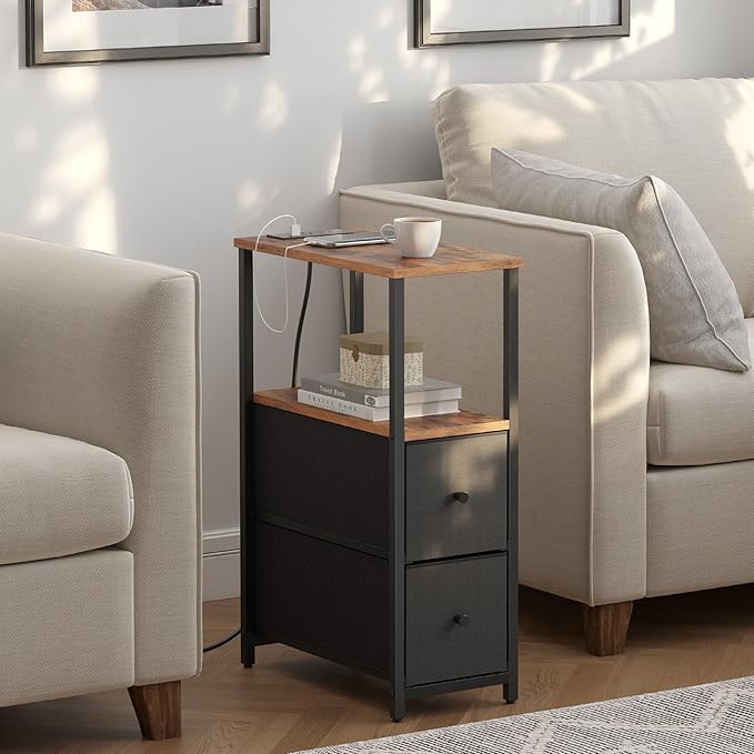 TUTOTAK Small Narrow End Table with Charging Station, Set of 2, Side Table with Outlets, Nightstand with 2 Cloth Drawers, Couch Table, for Living Room, Bedroom, Bedside, Brown and Black TB01BB055K