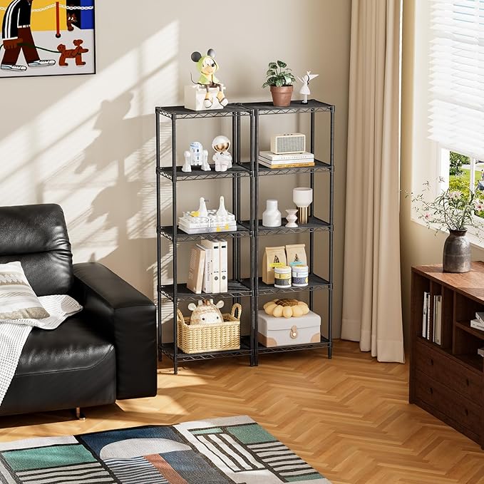 SINGAYE 5 Tier Shelf Wire Shelving Adjustable Storage Shelves Rack Standing Units for Kitchen Closet Laundry Bathroom Organizers Metal Pantry Narrow Mesh Gaps 10" D x 16" W x 55" H Black