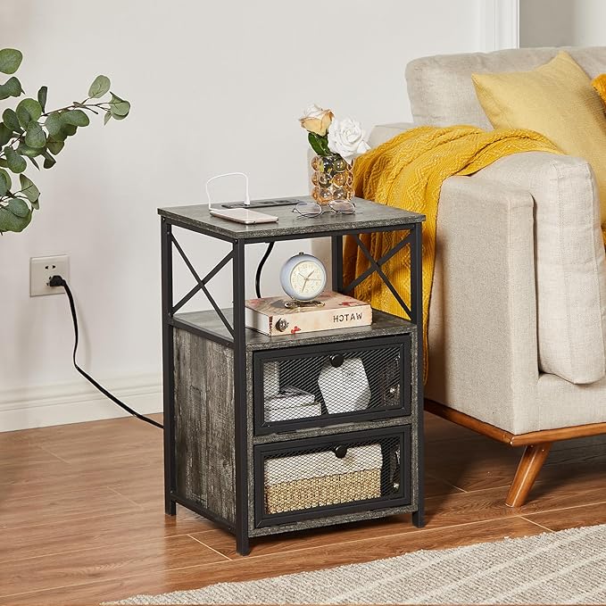 VECELO Oak Gray End Table with USB Ports and Outlets,24 Inch Nightstands with Charging Station and Storage Shelf for Bedroom,Living Room, 1 Set
