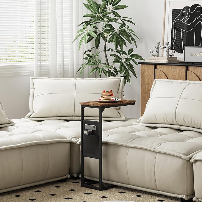 TUTOTAK C Shaped End Table, Side Table for Couch, Sofa Table with Storage Bag, TV Tray for Living Room, Bedroom, Brown TB01BB082