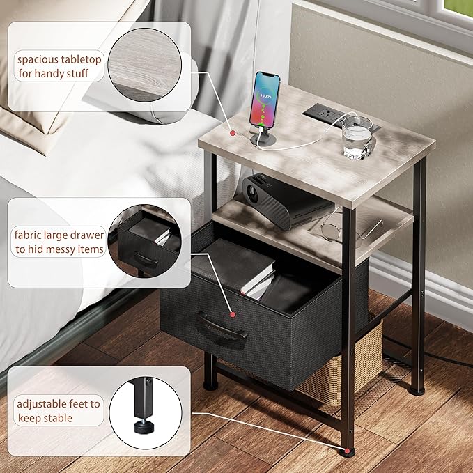 Nightstands Set of 2 with Charging Station and Drawer, End Table Bedside Table with 20 Colors LED Light Strip and 2 Layers Shelf for Bedroom Living Room Sofa (Grey)