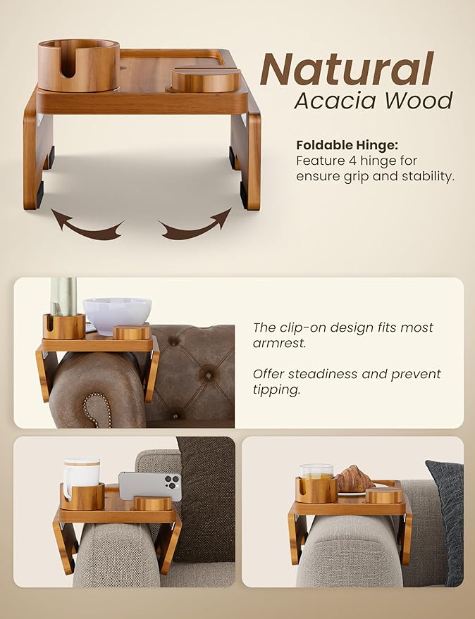 Holana 15.74" x 9.8" Couch Arm Table with Phone + Cup Holder 3 in 1 – Large Wooden Sofa Armest Tray – Double Hinge Sofa Arm Tray Table Clip - Wooden Side Tables for Eating and Drink (Acacia Wood)