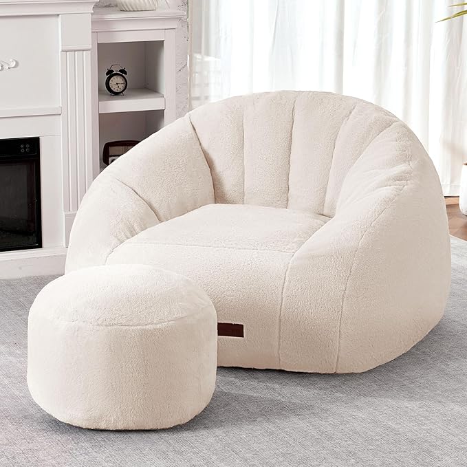 HABUTWAY Bean Bag Chair, Giant Bean Bag Chairs for Adults with Ottoman, Comfy Faux Fur Shell-Shaped Bean Bag Couch, Sofa Chair for Living Room, Bedroom, White