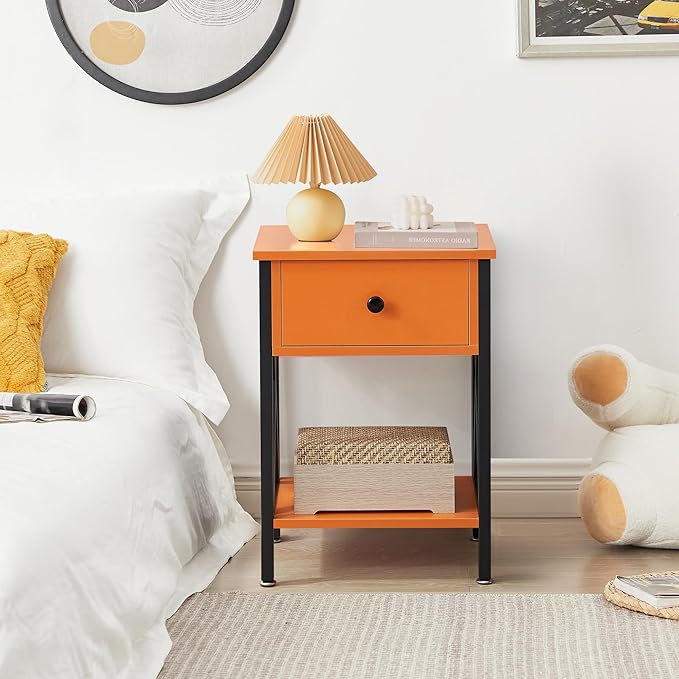 VECELO Nightstands Set of 2, Modern Bedside End Tables, Night Stands with Drawer and Storage Shelf for Living Room Bedroom, Industrial Metal Frame