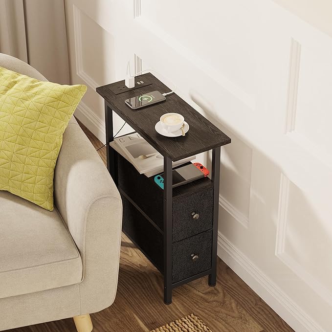 End Table Set 2 with Charging Station, Narrow Side Table with 2 Fabric Drawers, Skinny Nightstand with LED Light, Slim Bedside Table for Bedroom, Living Room, Small Spaces, Black