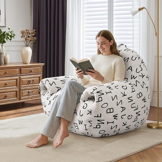 DAICO Bean Bag Chairs for Adults Comfy Bean Bag Sofa Chair with Armrests Single Lazy Floor Sofas Accent Chair with Foam for Living Room Bedroom Reading Gaming Office (Letter White)