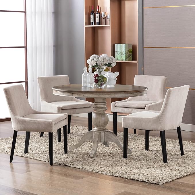 COLAMY Modern Dining Chairs Set of 6, Upholstered Corduroy Accent Side Leisure Chairs with Mid Back and Wood Legs for Living Room/Dining Room-Beige