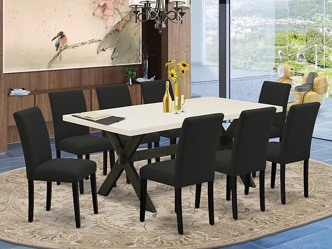 East West Furniture X627AB624-9 9 Piece Dining Set Includes a Rectangle Dining Room Table with X-Legs and 8 Black Color Linen Fabric Upholstered Parson Chairs, 40x72 Inch, Multi-Color