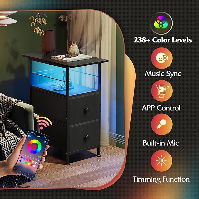 WLIVE Nightstand Set of 2 with Charging Station, End Table Sets with LED Lights, 2 Fabric Drawers and Open Shelf, Bed Side Tables Living Room, Small Space, Night Stand for Bedroom, Black