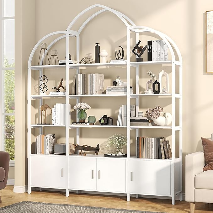 Triple Wide 5 Tier Tall Arched Bookshelf and Bookcase with 3 Cabinets, Industrial Metal Etagere Open Bookshelf, Wood Standing Book Shelf with Black Metal Frame for Bedroom Living Room