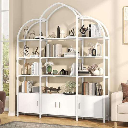 Triple Wide 5 Tier Tall Arched Bookshelf and Bookcase with 3 Cabinets, Industrial Metal Etagere Open Bookshelf, Wood Standing Book Shelf with Black Metal Frame for Bedroom Living Room