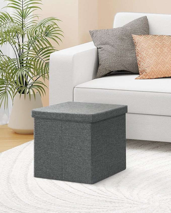 B FSOBEIIALEO Storage Ottoman with Tray, Small Ottomans Cube Folding Coffee Table Foot Stool Footrest Seat, Dark Grey Linen 16"X15.7"x15"