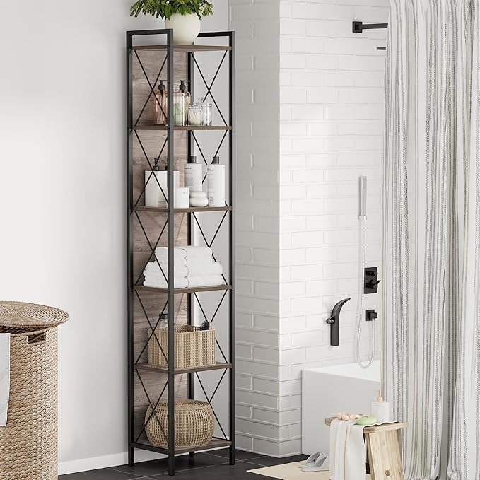 Homhedy 6 Tier Bookshelf Bookcase, Tall Narrow Bookshelf for Small Space, Metal Storage Shelves with Back Panel, for Home Office, Living Room, Kitchen, Bedroom, Industrial Style, Greige