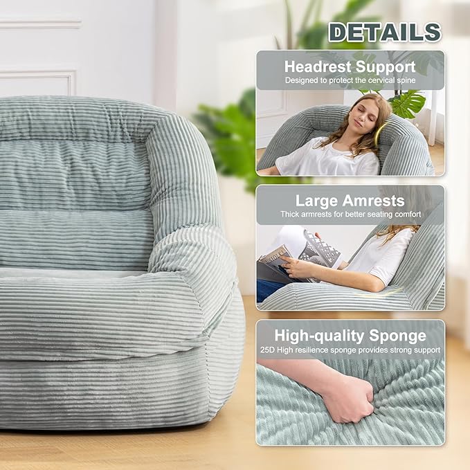 Giant Bean Bag Chair with Armrests - Oversized Cozy Seating for Adults, Corduroy Fabric & High - Density Foam Filling, Ideal Lounge for Living Room, Bedroom & Gaming Room (Mint Green)