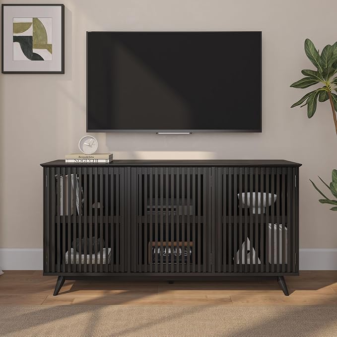 Plank+Beam Mid-Century Modern Wood TV Stand, Three Door Solid Wood Entertainment Console with Storage, 59" L x 16" W x 30" H, Black