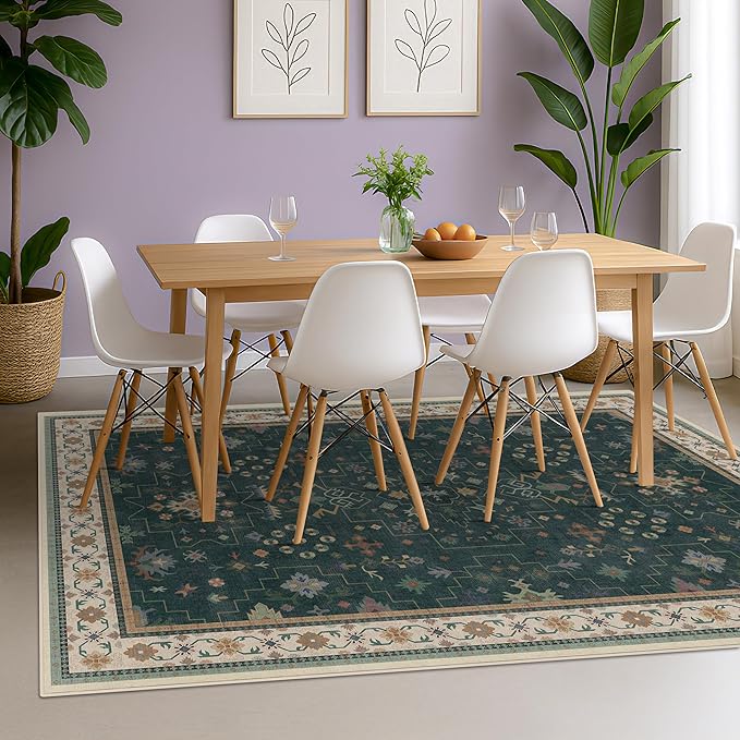 Vintage Dark Green 7x9 Dining Room Rugs for Under Kitchen Table - Washable Livinig Room Rug - Unique Floral Pastel Low Pile Non-Slip Area Rugs for Bedroom