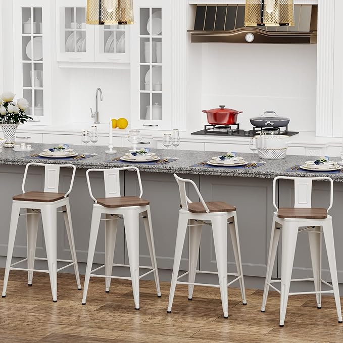 26 Inch Swivel Bar Stools Set of 4 with Backs Counter Height Industrial Metal Barstools Island Bar Chairs for Home Kitchen Dining Room (Swivel 26 inch, White Wooden)