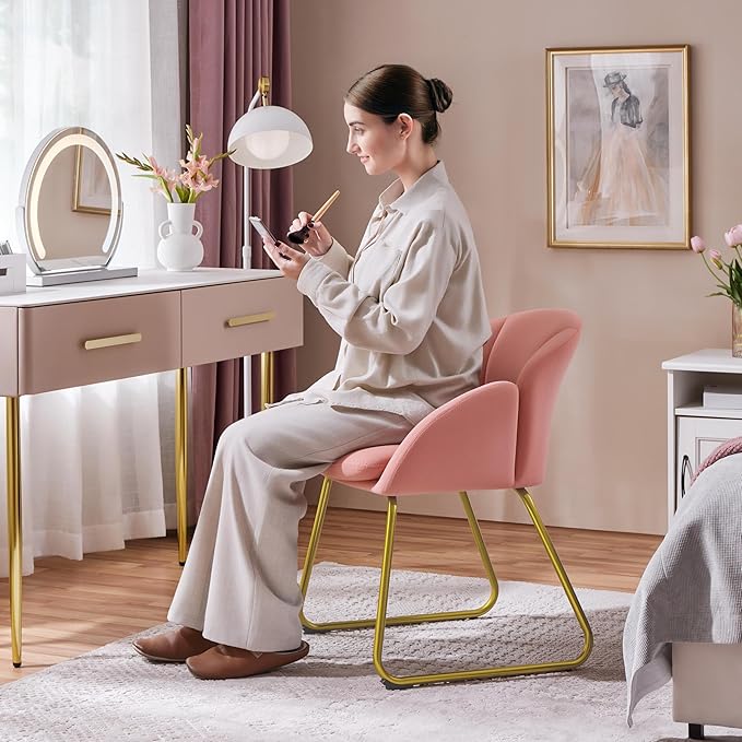 Yaheetech Flower Shape Velvet Vanity Chair, Modern Side Armchair Makeup Chair no Wheels with Golden Metal Legs for Living Room/Dressing Room/Bedroom/Home Office/Kitchen, Pink