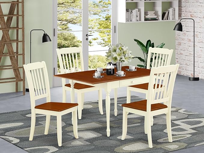 East West Furniture MZDA5-WHI-W 5 Piece Dining Set Includes a Rectangle Dining Room Table with Dropleaf and 4 Wood Seat Chairs, 36x54 Inch, Buttermilk & Cherry