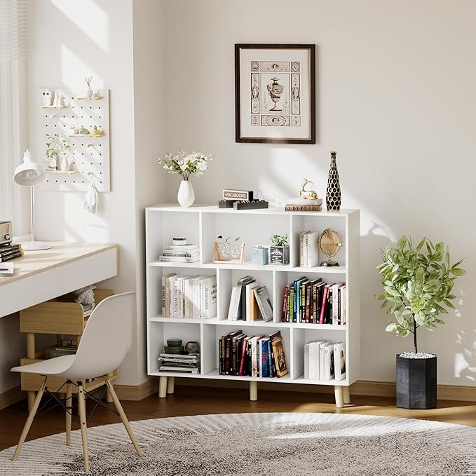 YESHOMY 9 White Cube Bookcase, Open Frame 3-Tier Book Shelf, Bookshelf Storage Organizer with Feet & Anti-Tilt Device for Organization, Room Decor