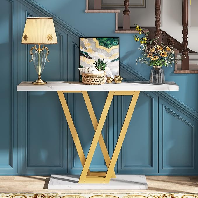 LITTLE TREE Console Table Hallway Table for Entryway 43 Inch Sofa Table Entryway Tables for Living Room, White & Gold
