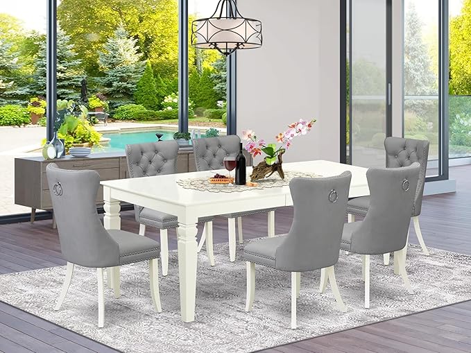 East West Furniture LGDA7-LWH-27 7 Piece Dining Set Includes a Rectangle Kitchen Table with Butterfly Leaf and 6 Polyester Fabric Parson Chairs, 42x84 Inch, linen white