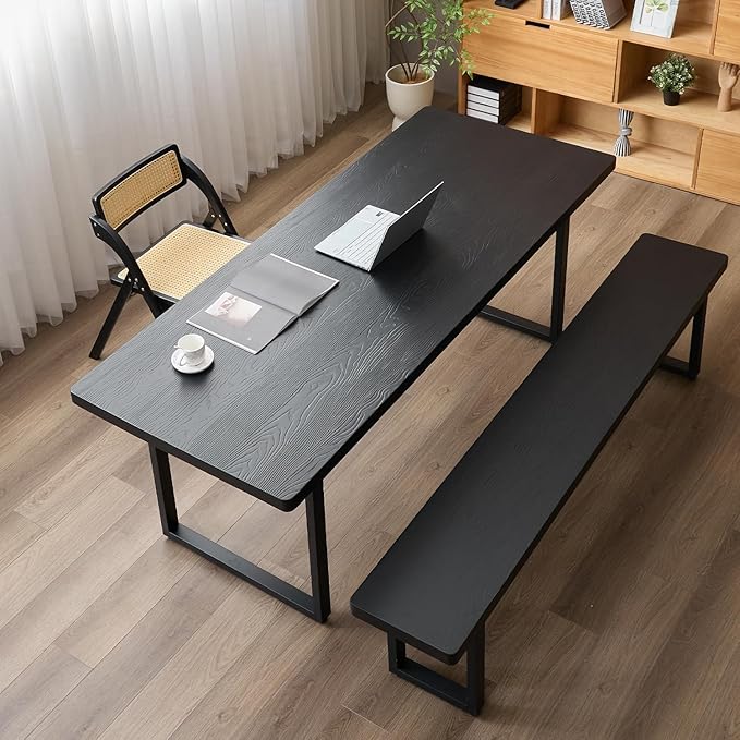Modern Solid Wood Dining Table with Metal Base Stylish Durable Dining Room Table in Black Multiple Sizes Home Use Office Desk(70.87in)