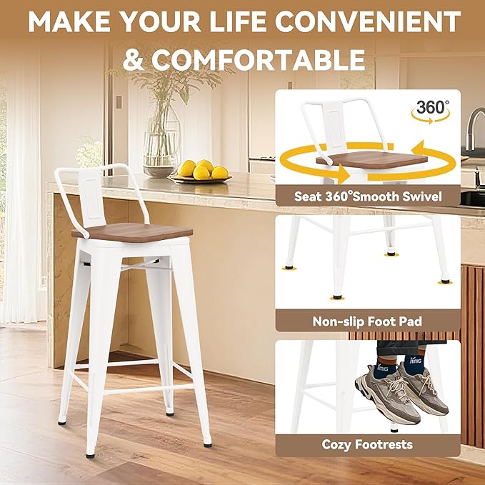 26 Inch Swivel Bar Stools Set of 4 with Backs Counter Height Industrial Metal Barstools Island Bar Chairs for Home Kitchen Dining Room (Swivel 26 inch, White Wooden)