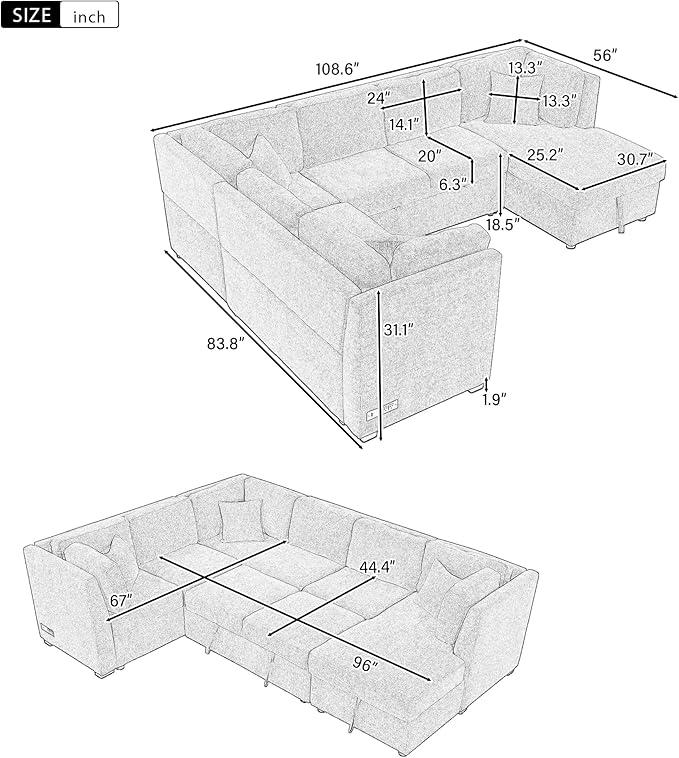 Ball & Cast 108.6" Sleeper Sectional Pull Out Sofa with 2 USB Ports,Two Power Sockets,Versatile U-Shape Couch w/ 3 Back Pillows and Storage Chaise,for Living Room,Office,Apartment,Light Gray