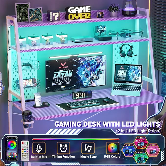 Gaming Desk with Hutch and LED Lights, Gaming Computer Desk with Power Outlets, Gamer Desk with Storage Shelves, PC Gamings Desk with Pegboards for Bedroom, Carbon Fiber Purple, 49"