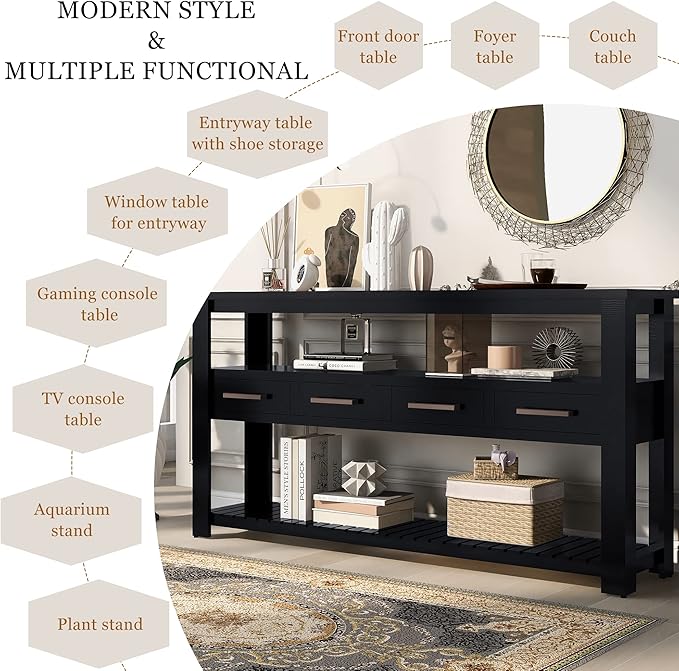 Ball & Cast 62.2“ Contemporary 4 Drawers Console Table, Long Entryway Table with Drawer & 3 Tier Shelves, Modern Storage Sofa Table, Farmhouse Wood Couch Table for Entrance Hallway Living,Black