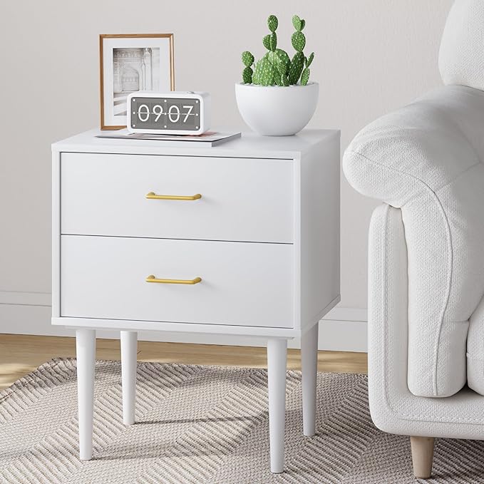 26 H White Nightstand with 2 Drawers, Small Night Stand with Gold Handles, Bedside Table with Solid Wood Legs, Tall Nightstands for Bedroom