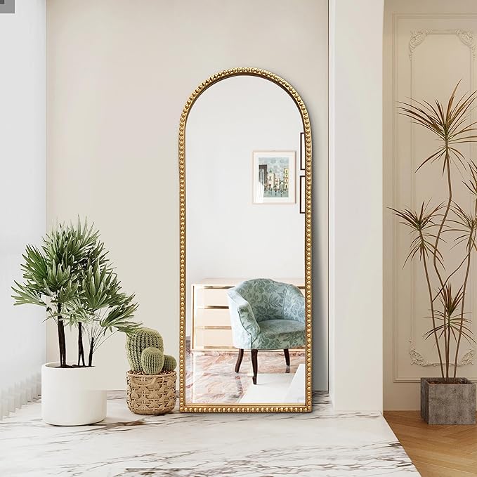 Vintage Full Length Wall Mirror, Large Gold Arch Floor Mirror 20"X53" with Antique Beaded Metal Frame for Dresser Living Room, Decorative Mirrors for Entryway Hallway Bathroom