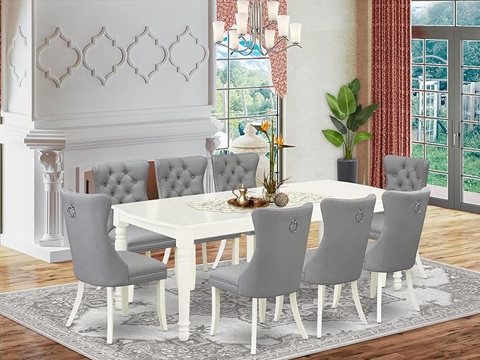 East West Furniture DODA9-LWH-27 9 Piece Modern Dining Table Set Includes a Rectangle Kitchen Table with Butterfly Leaf and 8 Polyester Fabric Upholstered Chairs, 42x78 Inch, Linen White