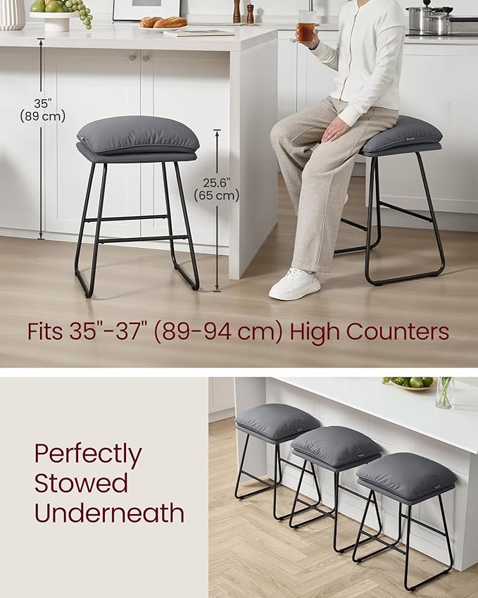 VASAGLE Bar Stools Set of 4, Counter Height Bar Stools, Leather Counter Stools Barstools with Soft Cushion and Metal Sled Legs, 25.6 Inches Bar Height Bar Chairs for Kitchen Island, Slate Gray