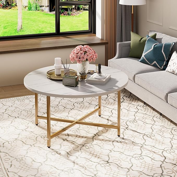 Round Coffee Table, 31.5" Circle Coffee Table, Coffee Tables Living Room, Gold Coffee Table Round for Indoor & Outdoor Use, Office, Patio or Garden, Large White & Gold (31.5" D x 17.7" H)