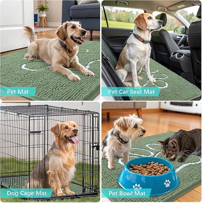 OLANLY Door Mat for Muddy Dog Paws 36x24, Absorbent Chenille Doormat with Paw Print Design, Non-Slip Washable Doormat for Indoor Entryway, Quick-Dry Pet Bed Mats for Dirty Dogs, Olive Green and White