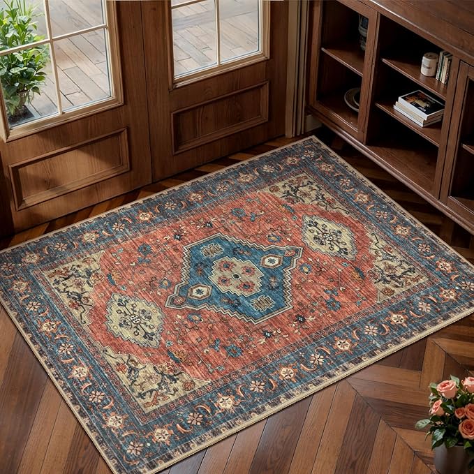 Tangsoo Washable Entryway Rugs 2x3 Vintage Non Slip Small Area Rug, Indoor Front Door Rug, Print Distressed Door Mat Indoor Entrance Soft Low Pile Throw Rug for Entry Kitchen BedroomTerracotta